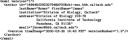 \begin{example}
<mwml version=''1''>
<author id=''1484450292207948AF2C@obi-wan....
...'2000-03-30 14:40 PST'' versionNumber=''1.0''/>
</author>
</mwml>
\end{example}